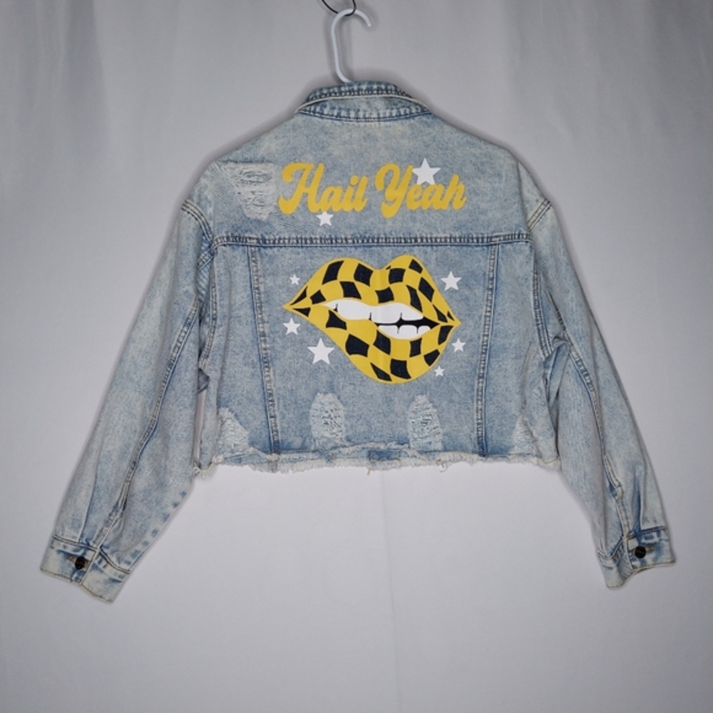 Rivalry Runway Denim‎ Jacket Womens M Distressed Blue Yellow MICHIGAN Hail UofM